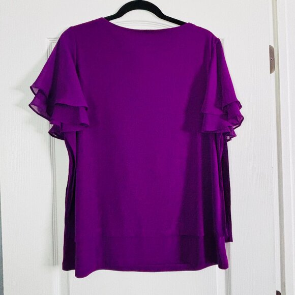 Susan Graver Liquid Knit Layered Top Chiffon Sleeves Violet Size L - Picture 2 of 6